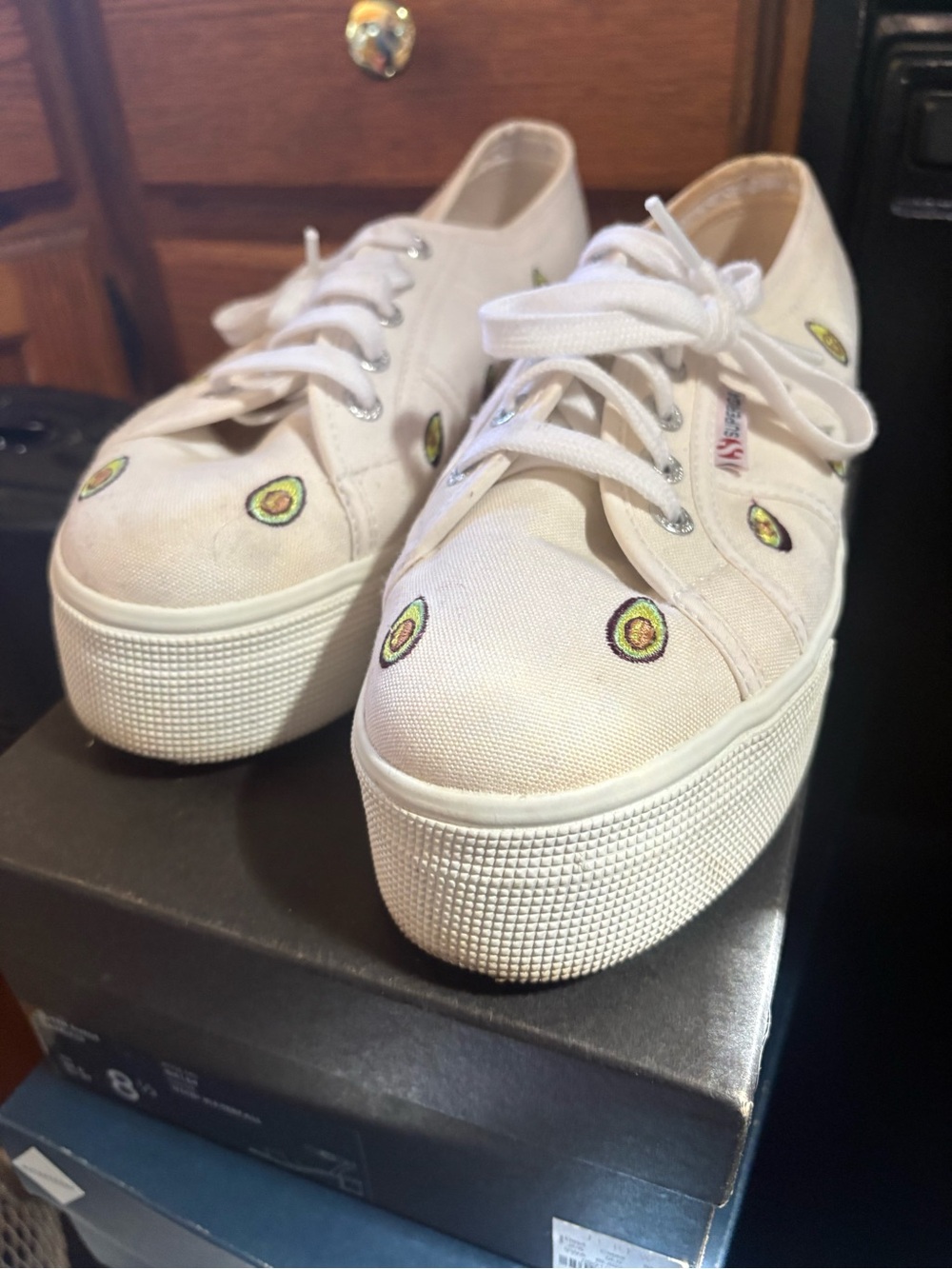 Superga Cream Canvas Platform Sneakers with Avocado Embroidery